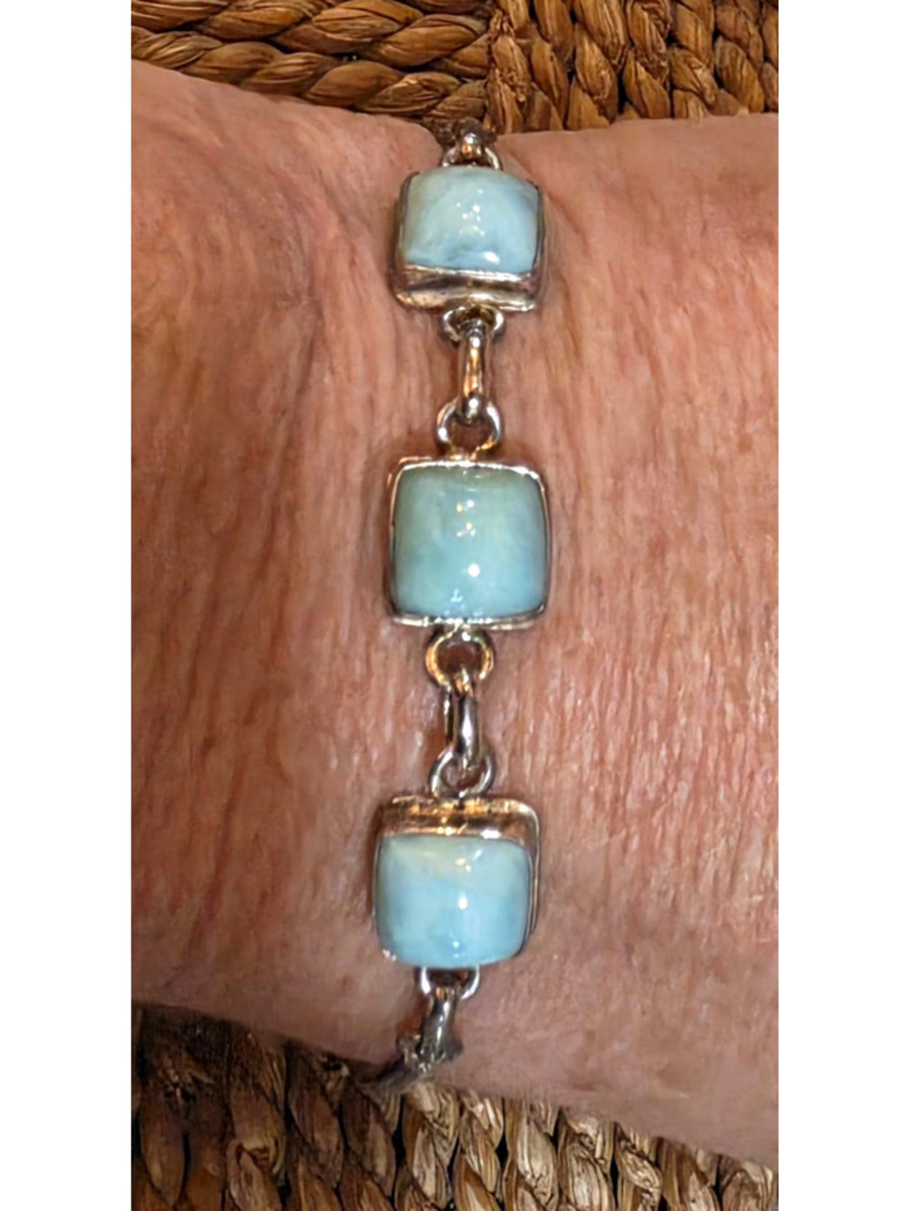Vintage Sterling silver Link Chain Bracelet 3 Larimar stones 7 in